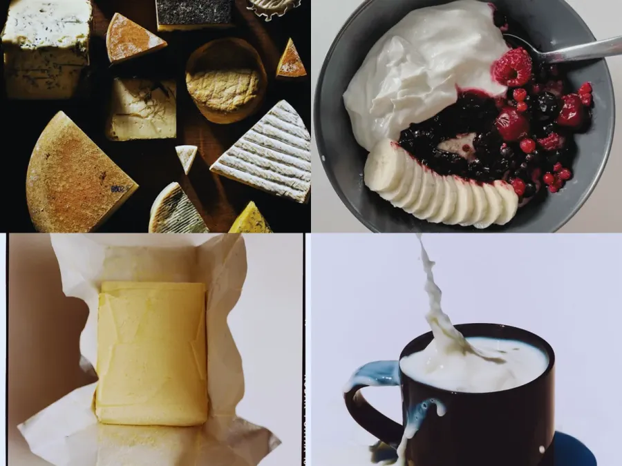 Derivados do leite como queijos, iogurte, manteiga e bebidas lácteas
